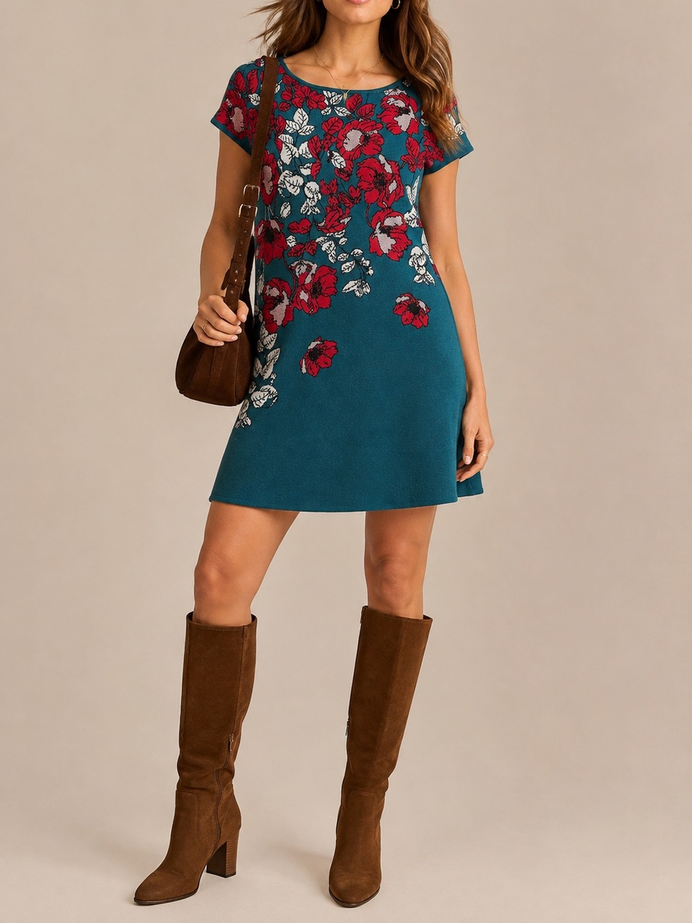 Maeve by Anthropologie Teal Floral Knit Sweater Dress Size Medium
